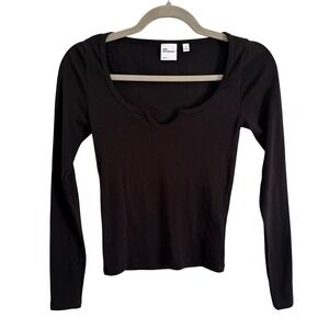 Aritzia TNA HomeStretch Ribbed Long Sleeve Notch Neck Top Black Small